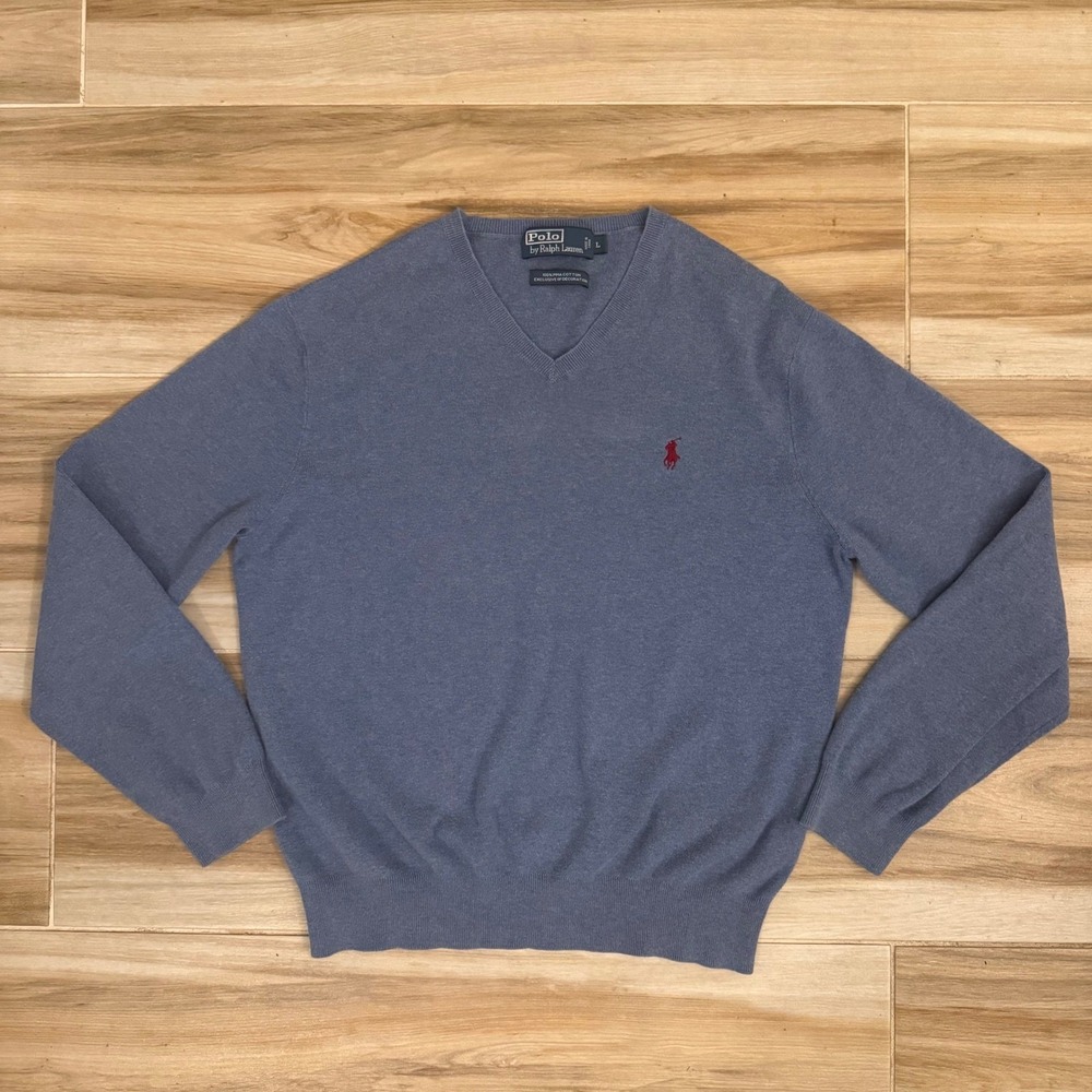 Polo Ralph Lauren Mens Blue Pima Cotton V-Neck Sweater Red Pony Logo Size L